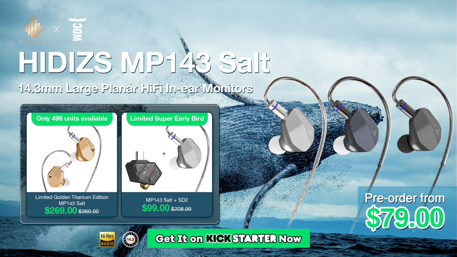 HIDIZS MP143 Salt: World's First 'Salt' Whale-Inspired 14.3mm Large Planar HiFi In-ear Monitors Live On Kickstarter